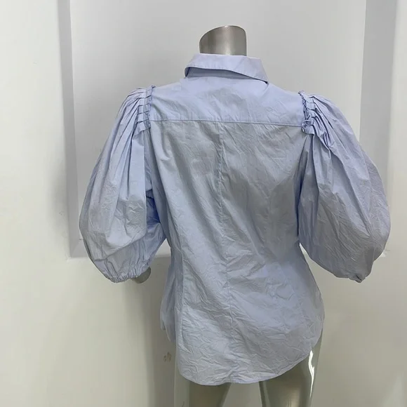 Karen Millen Quarter Balloon Sleeves Blue Button Up Shirt Top K4 - Picture 2 of 13